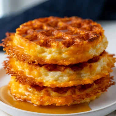 Cozy chaffles recipe with melted cheese and crispy edges on a plate.
