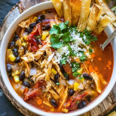 Bowl of cozy easy tortilla soup topped with tortilla strips and avocado.