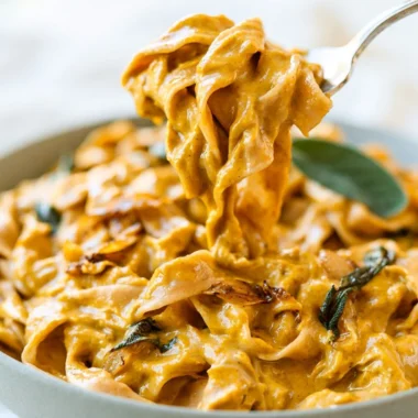 Cozy pumpkin pasta sauce served with pasta and herbs in a bowl