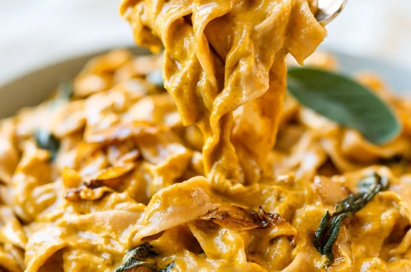 Cozy pumpkin pasta sauce served with pasta and herbs in a bowl