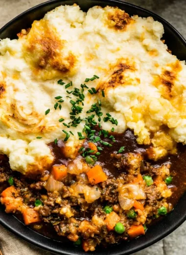 Delicious Shepherd's Pie with beef, veggies, and mashed potatoes in a cozy dish