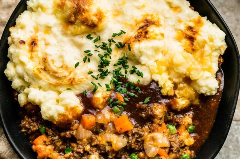 Delicious Shepherd's Pie with beef, veggies, and mashed potatoes in a cozy dish