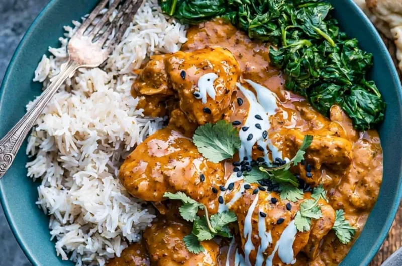 Cozy slow cooker chicken curry simmering with spices and vegetables in a pot.