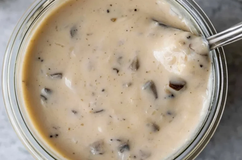A bowl of homemade cream of mushroom soup garnished with herbs