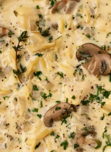 Bowl of creamy chicken soup with Boursin cheese, garnished with herbs.
