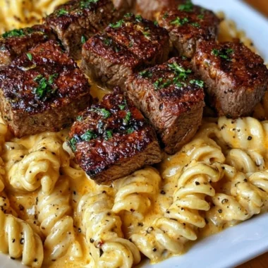 Creamy garlic butter steak bites served with spicy Cajun Alfredo twisted pasta