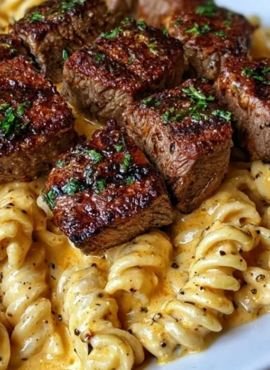 Creamy garlic butter steak bites served with spicy Cajun Alfredo twisted pasta