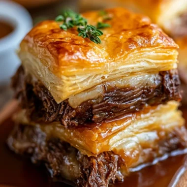 Deliciously savory French Dip Squares served with au jus for dipping.