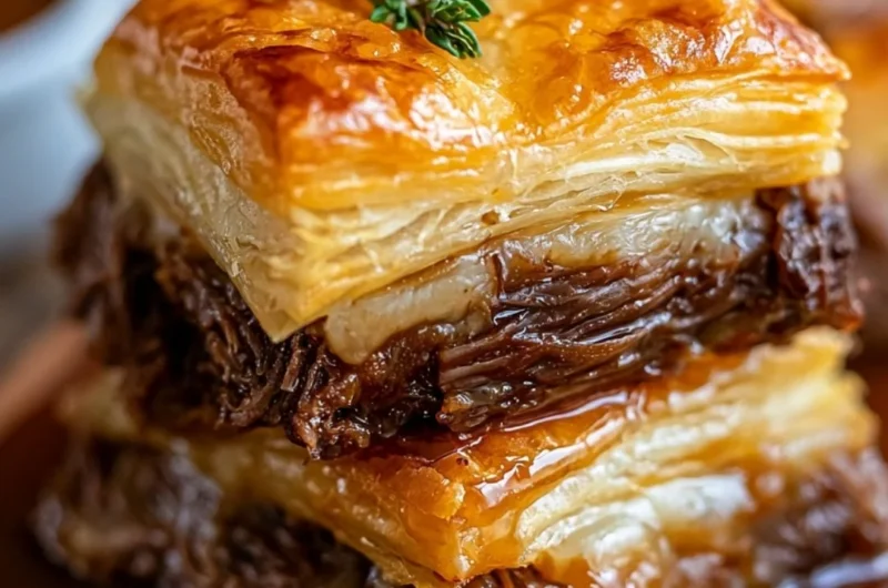 Deliciously savory French Dip Squares served with au jus for dipping.