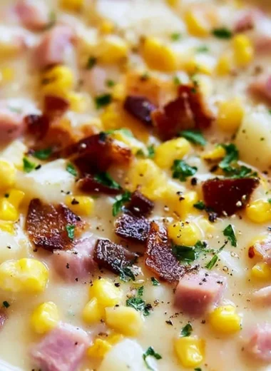 Bowl of ham and potato corn chowder topped with herbs