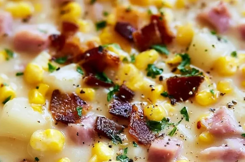 Bowl of ham and potato corn chowder topped with herbs