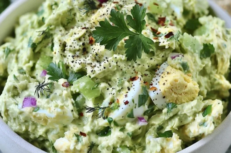 Herby avocado egg salad served in a bowl with fresh herbs and eggs.