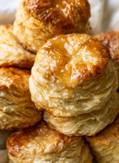Freshly baked homemade buttermilk biscuits on a wooden table