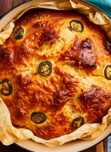 Jalapeño Cheddar Dutch Oven Bread in a rustic setting with herbs