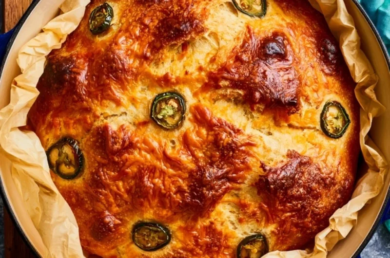 Jalapeño Cheddar Dutch Oven Bread in a rustic setting with herbs