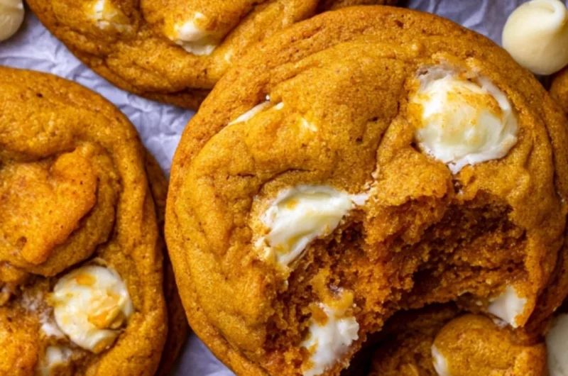 Delicious Pumpkin White Chocolate Chip Cookies on a wooden table.