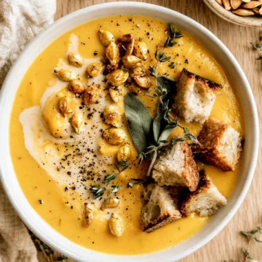 Bowl of creamy roasted butternut squash soup garnished with herbs