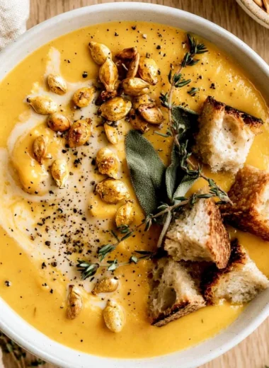 Bowl of creamy roasted butternut squash soup garnished with herbs