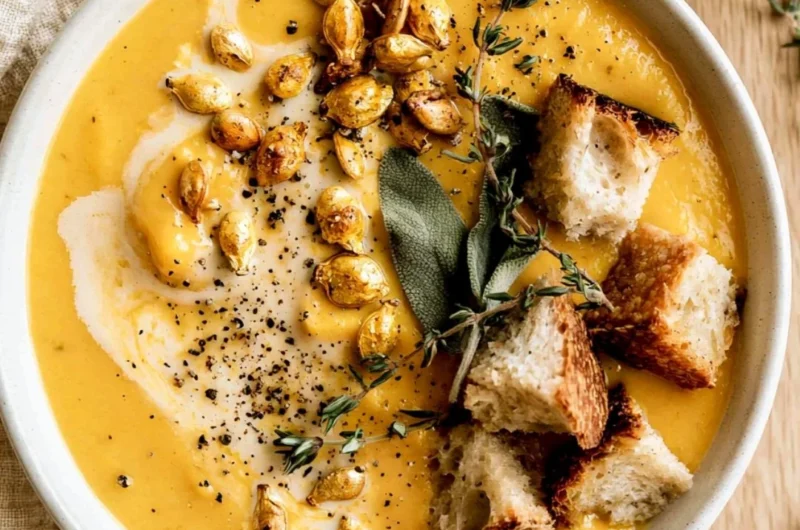 Bowl of creamy roasted butternut squash soup garnished with herbs