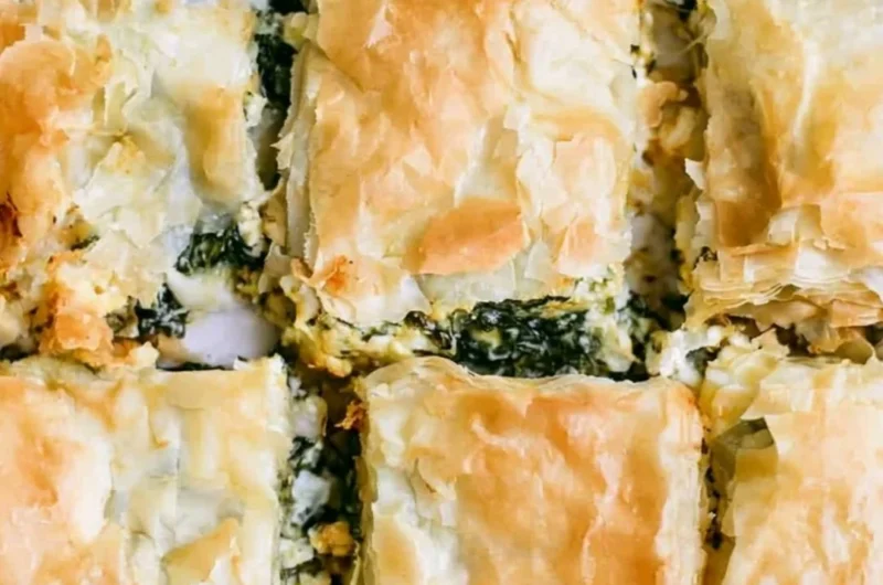 Delicious homemade spinach pie sliced and served on a plate