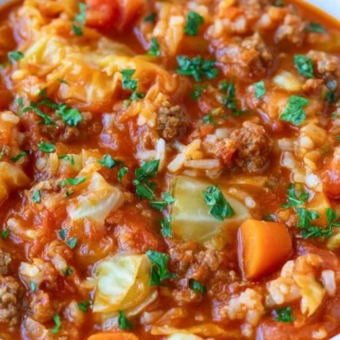 Bowl of unstuffed cabbage roll soup garnished with herbs and fresh vegetables.