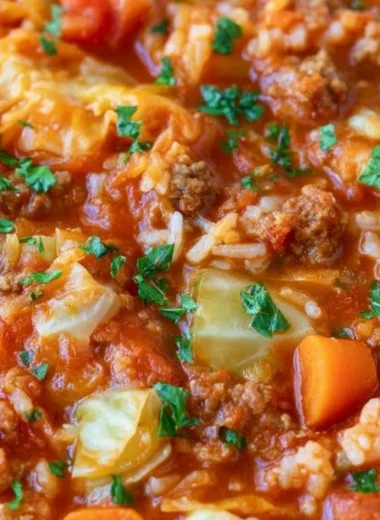 Bowl of unstuffed cabbage roll soup garnished with herbs and fresh vegetables.