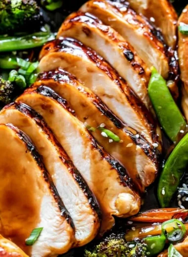 Cozy sheet pan teriyaki chicken recipe with colorful vegetables.