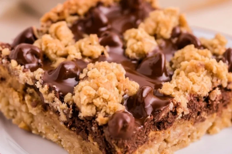 Cozy chocolate peanut butter oatmeal bars stacked on a plate