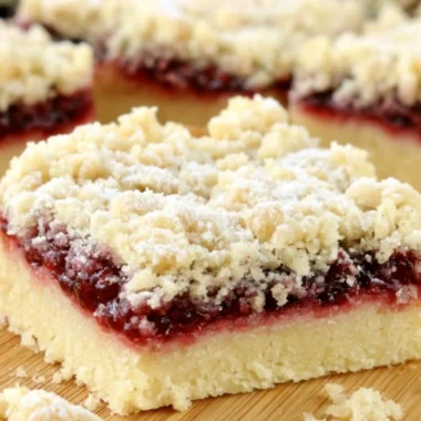 Delicious raspberry shortbread bars served on a plate, perfect for a cozy dessert.