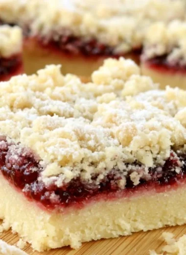 Delicious raspberry shortbread bars served on a plate, perfect for a cozy dessert.