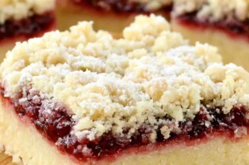 Delicious raspberry shortbread bars served on a plate, perfect for a cozy dessert.