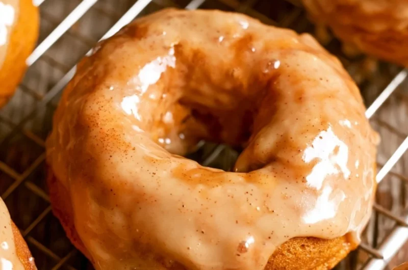 Cozy vegan pumpkin donuts served on a plate, topped with spices and icing.