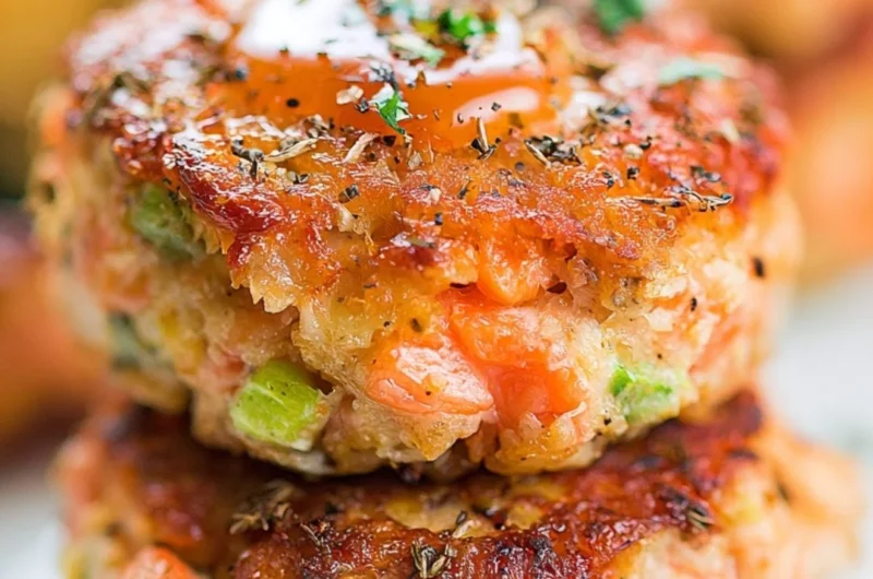 Crispy salmon cakes served with honey sriracha sauce on a plate