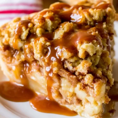 Slice of Dutch Caramel Apple Pie with caramel drizzle and apple filling
