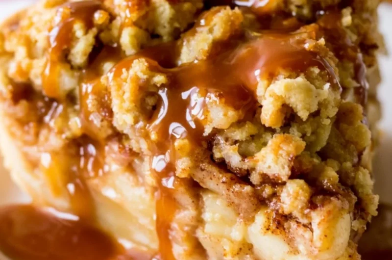 Slice of Dutch Caramel Apple Pie with caramel drizzle and apple filling