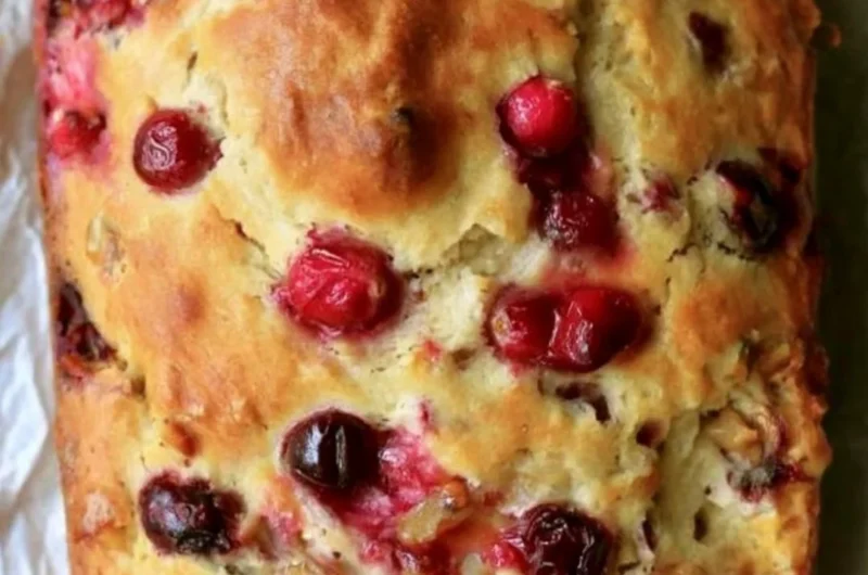 Sliced Mom's Cranberry Walnut Bread with cranberries and walnuts visible