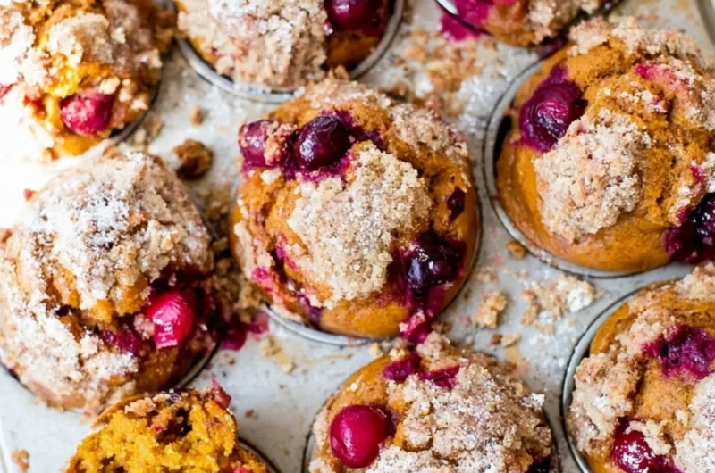 Pumpkin Spice Cranberry Muffins displayed on a rustic wooden table.